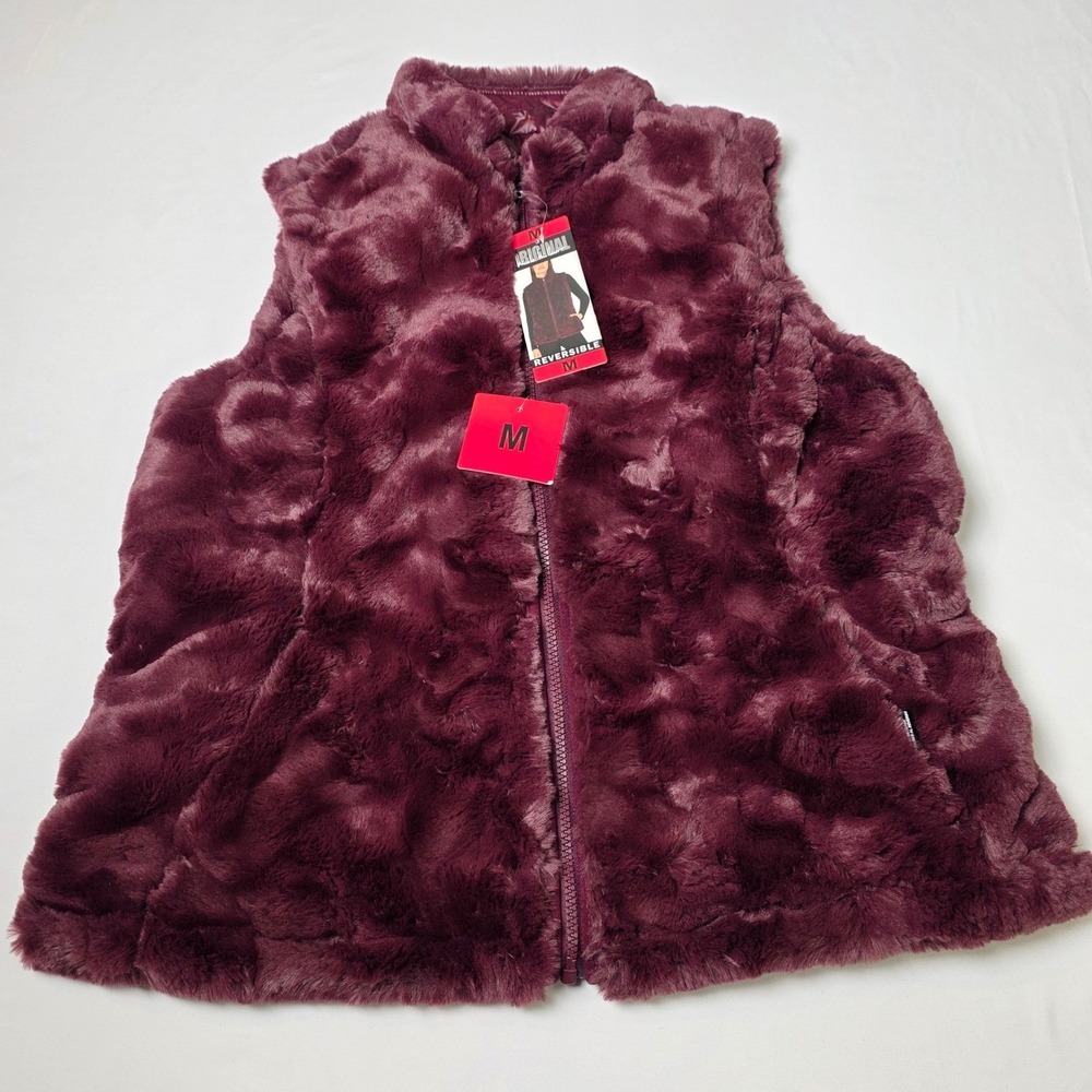 Nicole Miller Vest Womens Medium Wine Reversible Faux Fur Quilted Puffer Zip New